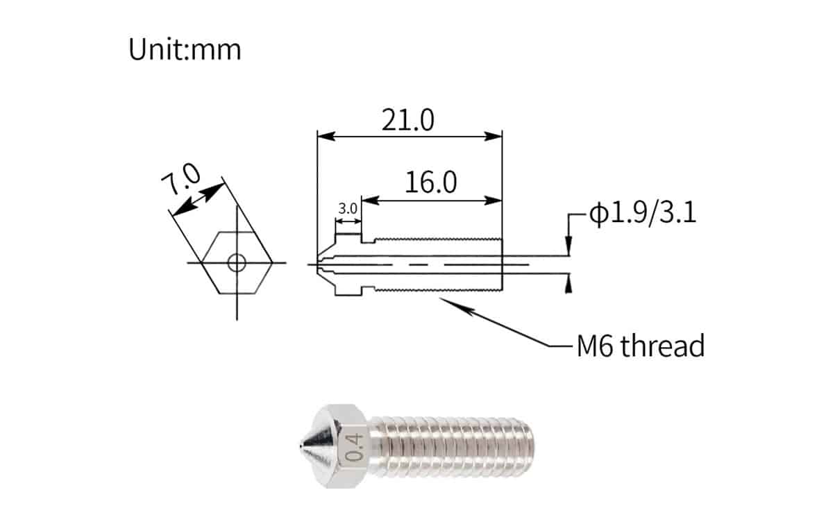 V6 lange Vulkaansproeier roestvrij staal 1,75 mm 1 mm - Afbeelding 2